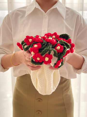 Crochet Red Fluffy Puff Flower Bouquet Blanket, Handmade Crochet Rose Bouquet Blanket,