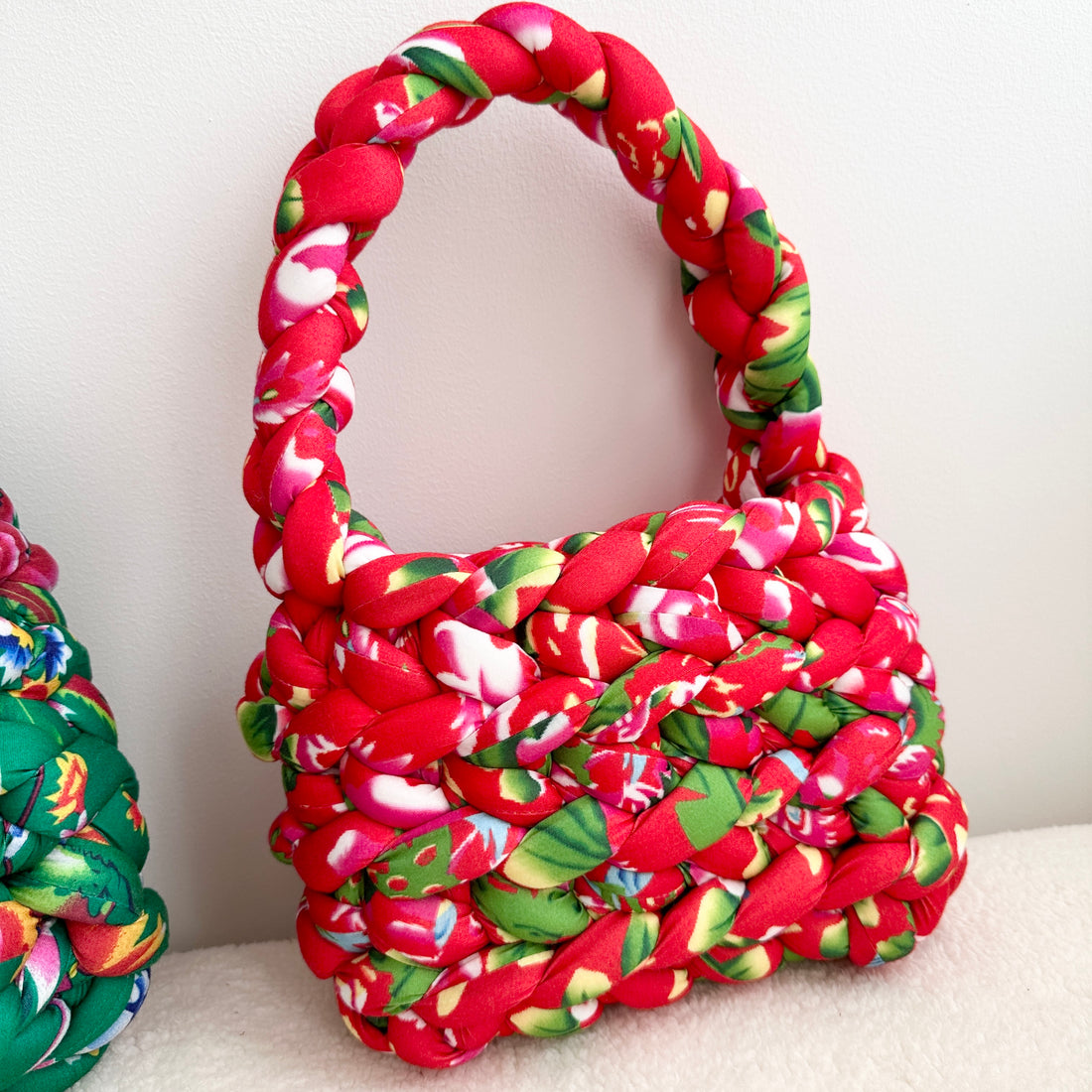 Handmade Velvet Chunky Knit Bag Two Tone(Northeast China Big Flower)