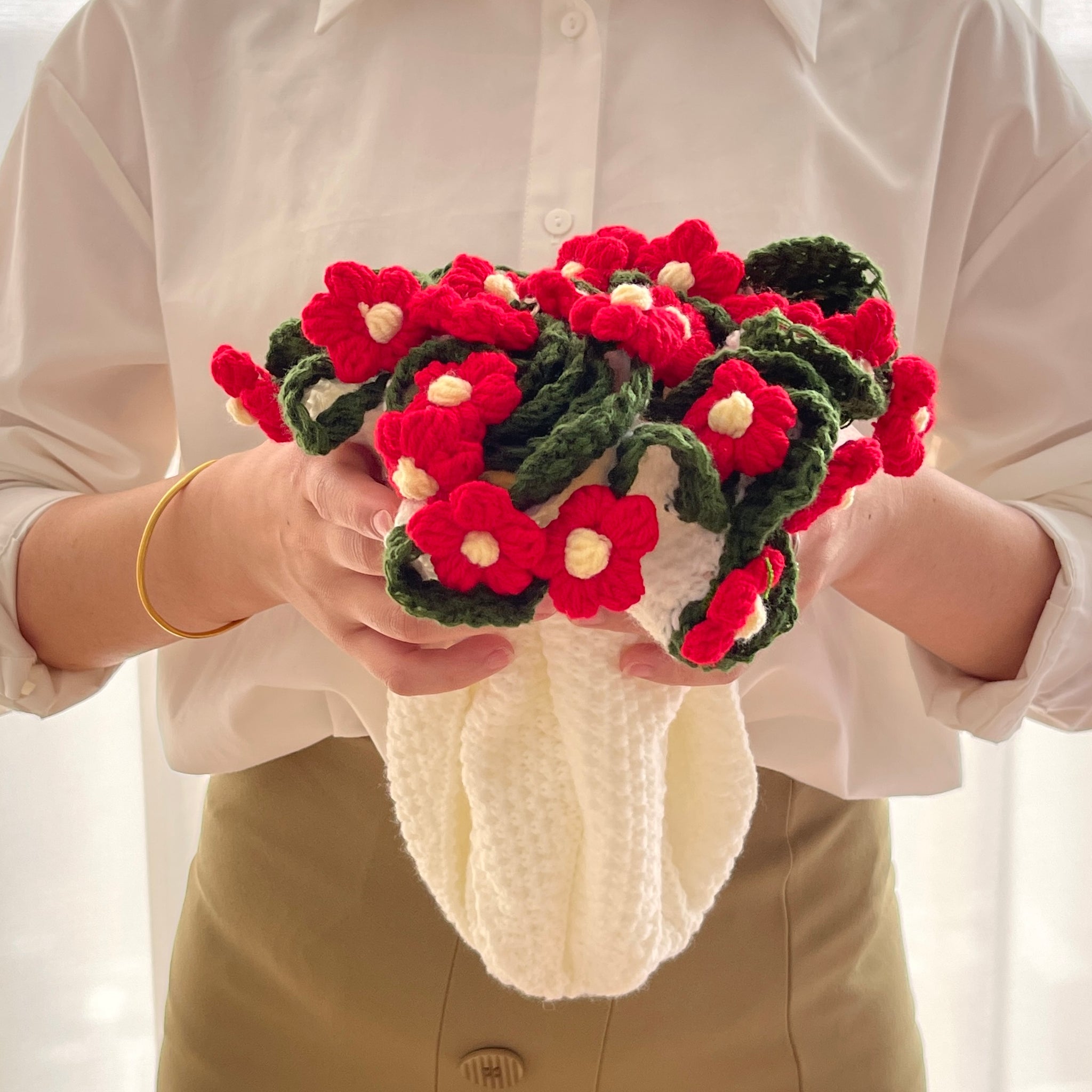 Crochet Red Fluffy Puff Flower Bouquet Blanket, Handmade Crochet Rose Bouquet Blanket,